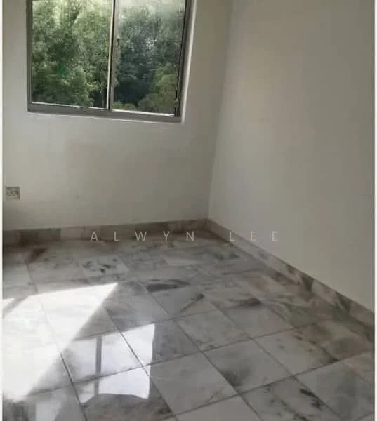 Room features: white painted walls, marble tile flooring, large window, natural light, view of greenery; view: garden.