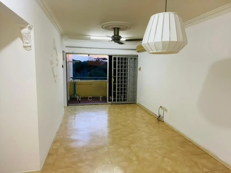 Living features: white painted walls, cream tiled flooring, ceiling fan, large sliding glass door, balcony access, crown moulding, recessed lighting, decorative wall feature; style: modern; view: city.