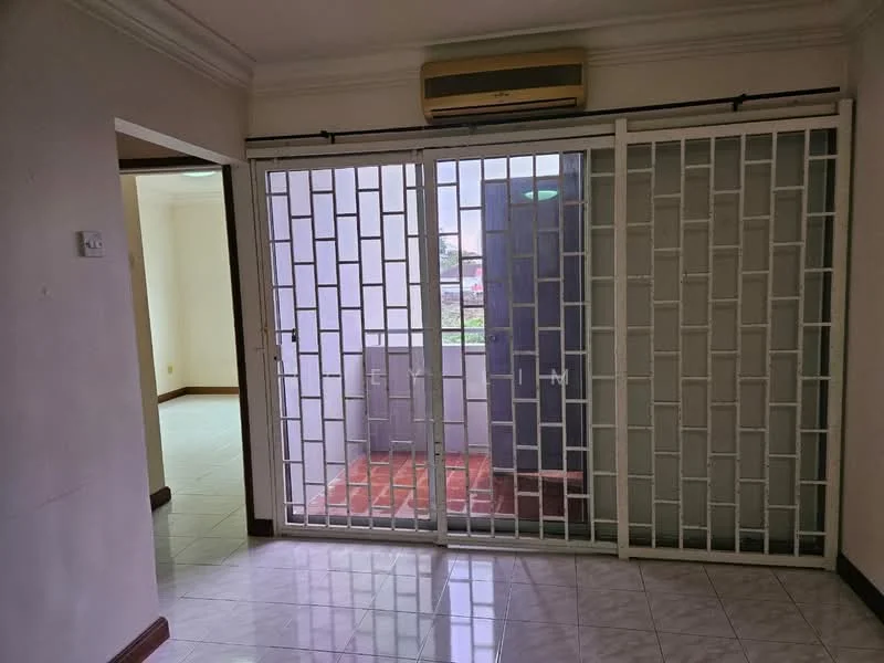 Room features: white painted walls, glossy ceramic tile flooring, sliding security grille door, air conditioning unit, window with view to outside, door leading to outdoor area.