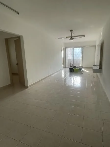 Living features: white painted walls, glossy ceramic tile flooring, 5-blade ceiling fan with light, floor-to-ceiling windows, sheer curtains, natural light from windows, minimalist decor, neutral color scheme; style: modern; view: city.