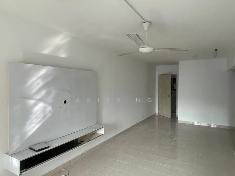 Living features: white painted walls, glossy tile flooring, 5-blade ceiling fan, wall-mounted TV console, neutral color scheme, natural light from windows, open layout, no visible furniture; style: modern.