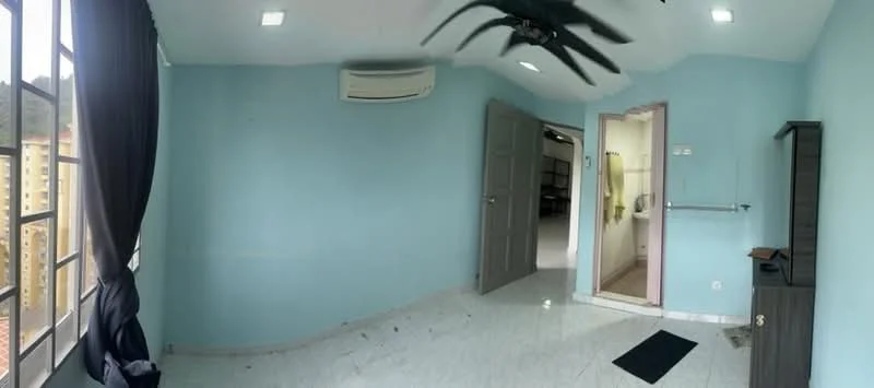 Room features: light blue painted walls, white ceiling, 5-blade ceiling fan, 1 wall-mounted split AC, white tiled flooring, window with black curtains, doorway leading to another room, small black cabinet, black doormat; style: modern.