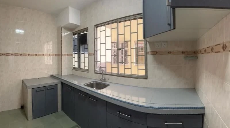 Kitchen features: grey cabinetry, white countertop, single-bowl stainless-steel sink, chrome faucet, tile backsplash with decorative border, window with metal grille, built-in cabinets, laminate flooring, wall-mounted storage, light-colored wall tiles; style: modern.