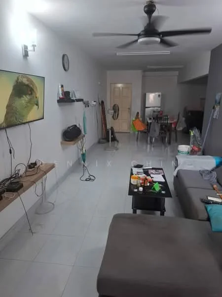 Living features: grey fabric sofa, black coffee table, wall-mounted TV, wooden TV console, ceiling fan, white walls, tile flooring, decorative wall clock, open layout to dining area, floor-to-ceiling window, green cushions on sofa, visible electrical cables; style: modern. Dining features: dining table with chairs, open layout to living area, visible kitchen area in background; style: modern.