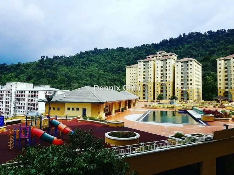 Exterior type: mid-rise condominium; features: swimming pool, children's playground, landscaped garden, manicured lawn, multi-storey building, surrounded by greenery, outdoor seating area, pool deck with loungers; style: modern.