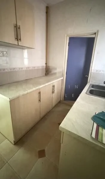 Kitchen features: laminate countertop, cream cabinetry, stainless-steel sink, single-bowl sink, chrome faucet, wall-mounted cabinets, tile backsplash, ceramic tile flooring, door leading to another room, light fixture, neutral wall color; style: modern.