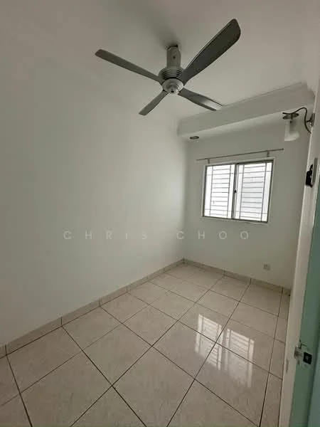 Room features: white painted walls, tile flooring, 5-blade ceiling fan, window with horizontal blinds, light fixture on ceiling, corner wall with no visible features.