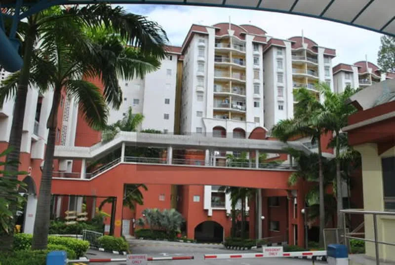 Exterior type: mid-rise condominium; features: red painted facade, white painted facade, balconies on upper floors, landscaped garden with palm trees, covered walkway, security gate with barrier, multiple storeys, glass railings on balconies; style: modern.