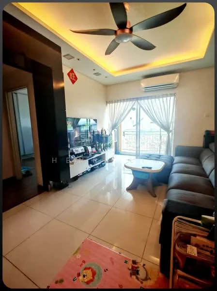 Living features: 5-blade ceiling fan with integrated LED light, recessed ceiling with warm lighting, floor-to-ceiling windows, sliding glass door, grey fabric sectional sofa, coffee table, TV console, wall-mounted TV, area rug with cartoon pattern, curtains, air conditioning unit; style: modern; view: city.