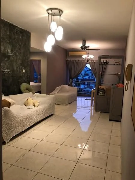 Living features: white sofa with throw pillows, 2-seater sofa, pendant light fixture with multiple bulbs, ceiling fan, large sliding glass door, curtains in light brown, tile flooring, decorative wall with chalkboard paint, shelving unit, small dining table, decorative items on shelves; style: modern; view: city.