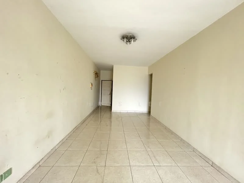 Room features: cream painted walls, glossy beige tile flooring, ceiling light fixture, open layout, no visible furniture, empty space, neutral color scheme.