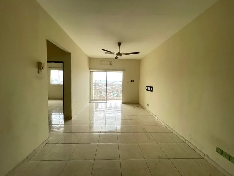 Living features: white painted walls, glossy ceramic tile flooring, 5-blade ceiling fan, floor-to-ceiling windows, city view, air conditioning unit, light switches, neutral color scheme; style: modern; view: city.