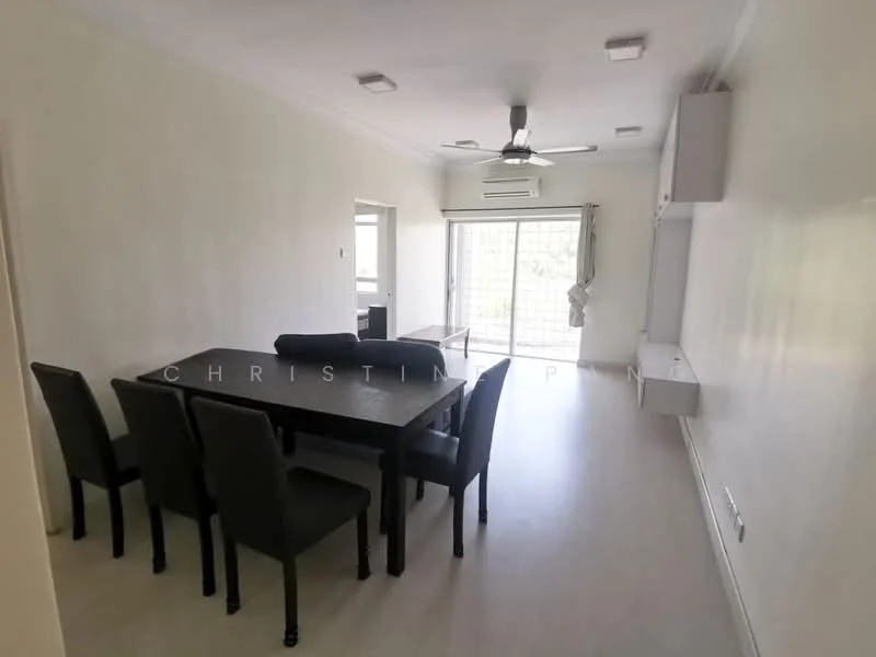 Dining features: dining table with 6 chairs, ceiling fan, recessed downlights, sliding glass door, light-colored flooring, white painted walls, wall-mounted TV console, large window with view to outdoor, air conditioning unit; style: modern; view: garden.