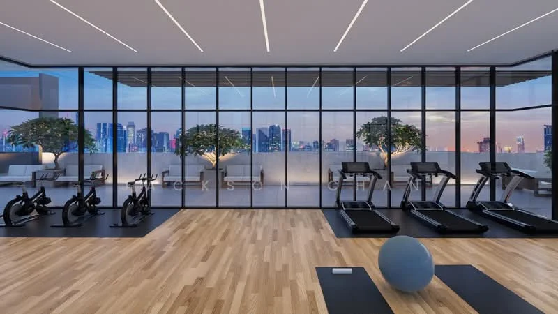 Room features: large floor-to-ceiling windows, wooden flooring, treadmills, exercise bikes, exercise ball, open space layout, city skyline view, indoor plants, recessed LED lighting, modern design; style: modern; view: city.