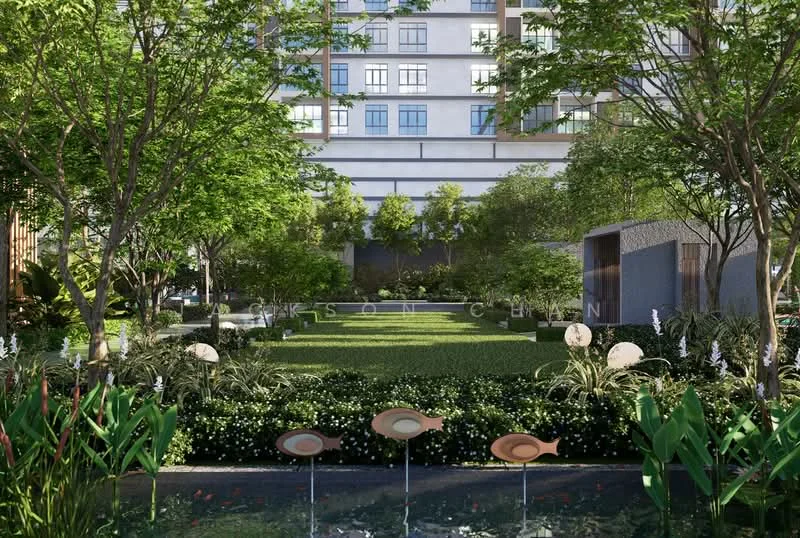 Exterior type: landscape garden; features: manicured lawn, mature trees, flower beds, water feature with decorative stones, pathway with stepping stones, landscaped shrubs, seating area with benches, decorative garden ornaments; style: modern.