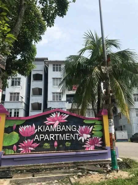 Exterior type: low-rise apartment block; features: colorful mural with lotus flowers, palm tree in foreground, multiple storey building, windows with white frames, purple and green decorative wall, street lamp, paved walkway, surrounding greenery; style: modern.
