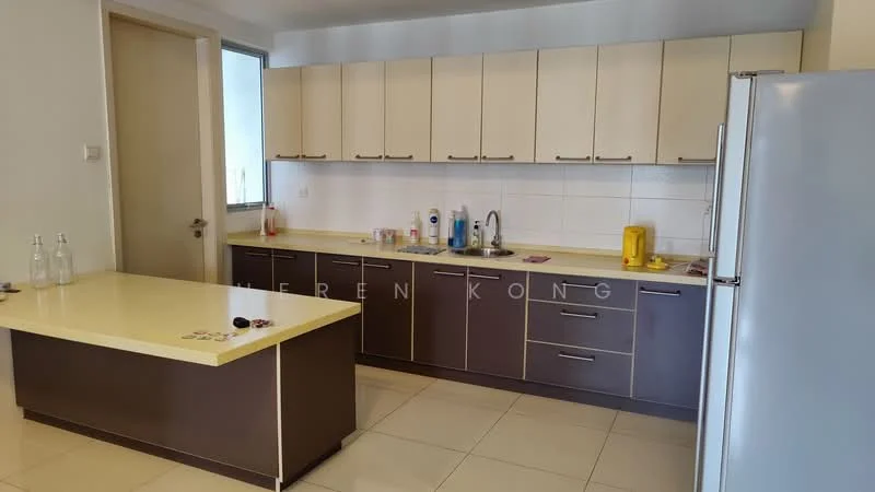 Kitchen features: laminate countertop, brown cabinetry, white upper cabinets, stainless-steel sink, chrome pull-down faucet, built-in oven, freestanding refrigerator, ceramic tile flooring, wall-mounted cabinets, neutral wall color, window with natural light, island with seating area; style: modern.