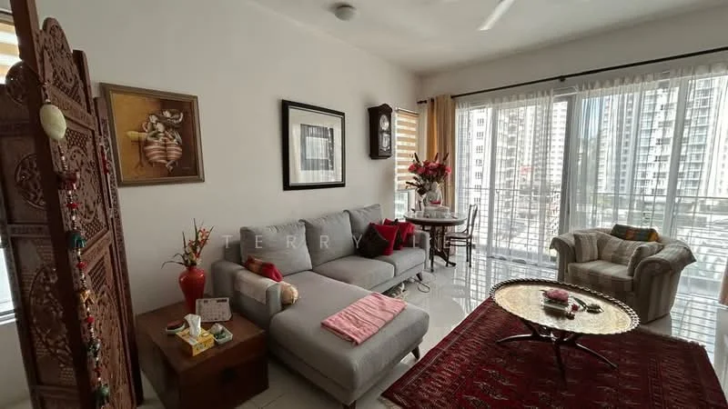 Living features: L-shape sectional sofa in grey, coffee table with glass top, area rug with geometric pattern in red, framed artwork on wall, decorative wall panel, floor-to-ceiling windows with sheer curtains, dining table for two, decorative vase with flowers, wall-mounted ceiling fan, tile flooring; style: modern; view: city.