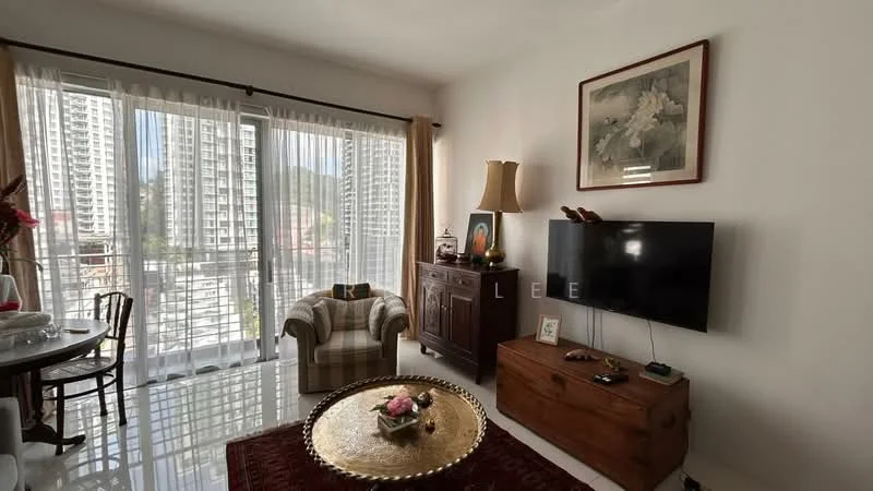 Living features: floor-to-ceiling windows, sheer curtains, white painted walls, polished tile flooring, 3-seater fabric sofa in beige and white checkered pattern, wooden coffee table, decorative bowl on coffee table, TV console, wall-mounted TV, framed artwork on wall, wooden cabinet, area rug with intricate pattern, table lamp; style: contemporary; view: city.