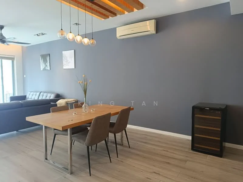Dining features: wood dining table, 4 upholstered dining chairs, pendant lighting with multiple bulbs, grey accent wall, light wood flooring, wall-mounted air conditioning unit, decorative wall art, floor-to-ceiling windows, sofa in background, sideboard cabinet; style: modern.