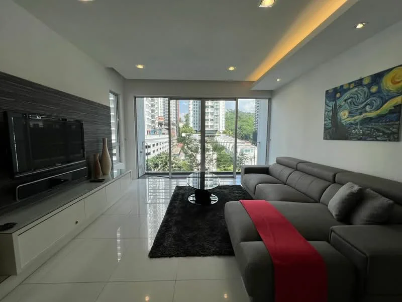 Living features: grey sectional sofa, black area rug, glass coffee table, TV console with storage, wall-mounted TV, decorative vase, framed artwork on wall, recessed ceiling lights, floor-to-ceiling windows, city view, white painted walls, white tiled flooring; style: modern; view: city.