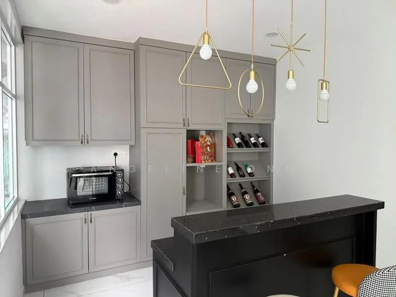 Kitchen features: grey cabinetry, black granite countertop, built-in microwave, wine rack with bottles, pendant lighting with geometric design, white walls, marble tile flooring, single-bowl stainless-steel sink, stainless-steel faucet, open shelving, bar seating; style: modern.