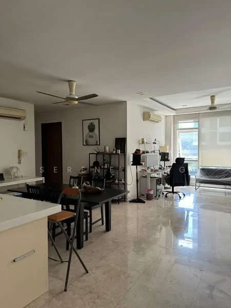 Living features: marble tile flooring, white painted walls, 5-blade ceiling fan, 2 wall-mounted split ACs, floor-to-ceiling windows, sheer curtains, black leather sofa, wooden coffee table, black dining table with chairs, decorative wall art, computer desk with monitor, open shelving unit; style: modern; view: city. Kitchen features: marble countertop, white cabinetry, stainless-steel sink, built-in oven, freestanding range oven; style: modern.