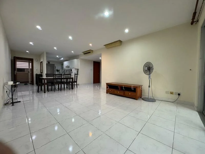 Living features: white painted walls, glossy white tile flooring, recessed downlights, ceiling fan, wooden TV console, dining table with chairs, open layout to kitchen, large windows, sliding glass door to balcony; style: modern.