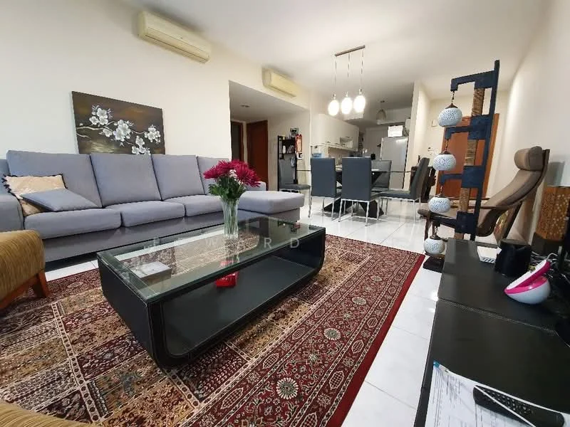 Living features: 3-seater fabric sofa in grey, coffee table with glass top, area rug with intricate pattern, wall-mounted TV, decorative floor lamp, wall art with floral design, white painted walls, tile flooring, 2 wall-mounted split AC units, decorative shelving unit, recessed lighting, ceiling with pendant lights; style: modern. Dining features: 6-seater dining table, upholstered dining chairs, open kitchen layout, white cabinetry, stainless-steel appliances; style: modern.