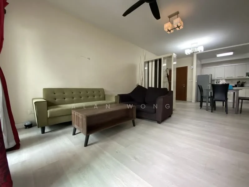 Living features: 3-seater fabric sofa in dark brown, 2-seater fabric sofa in olive green, wooden coffee table, light-colored laminate flooring, ceiling fan, recessed LED downlights, wall-mounted light fixture, neutral painted walls, open layout to dining area, decorative wall paneling; style: modern.