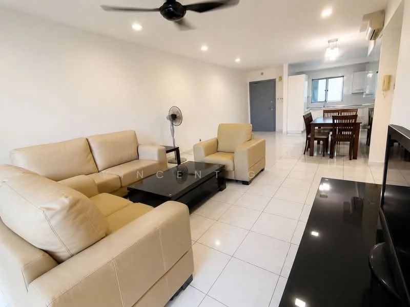 Living features: 3-seater leather sofa in beige, 2-seater leather sofa in beige, coffee table in black, TV console in black, wall-mounted TV, ceiling fan, white painted walls, white tiled flooring, recessed downlights, dining table with 6 chairs, window with natural light; style: modern.