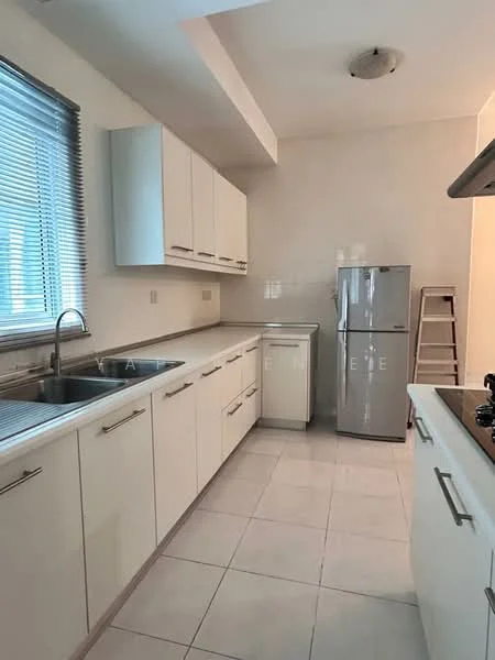 Kitchen features: white cabinetry with flat-panel doors, stainless-steel single-bowl sink, chrome pull-down faucet, white tiled backsplash, stainless-steel fridge, built-in oven, 4-burner gas hob, white countertop, ceramic tile flooring, window with horizontal blinds, LED ceiling light, kitchen ladder, open shelving; style: modern.
