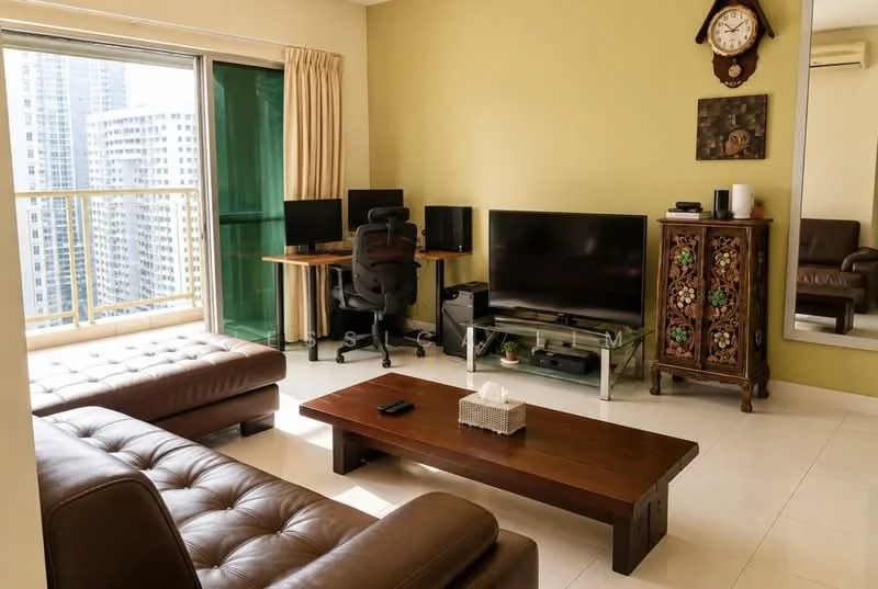 Living features: brown leather sectional sofa, wood coffee table, wall-mounted TV, black office chair, two computer monitors on desk, decorative wooden cabinet, large mirror, cream painted walls, white tiled flooring, curtains, clock on wall, air conditioning unit; style: modern; view: city.