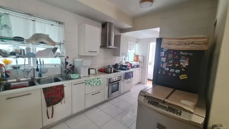 Kitchen features: white cabinetry, stainless-steel sink, chrome pull-down faucet, built-in oven, freestanding range oven, stainless-steel fridge, dishwasher, ceramic tile flooring, window with sheer curtains, open shelving, countertop with decorative items, wall-mounted extractor hood, tile backsplash; style: modern.