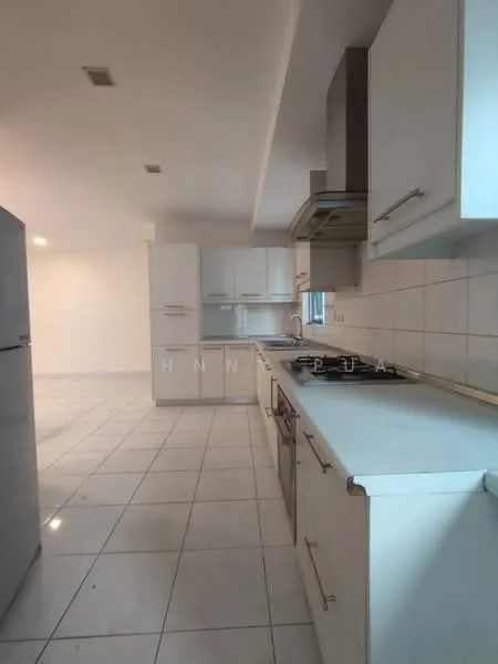 Kitchen features: white cabinetry, stainless-steel appliances, built-in oven, 4-burner gas hob, stainless-steel range hood, white countertop, ceramic tile flooring, white tiled backsplash, single-bowl stainless-steel sink, window with natural light, recessed lighting, open layout, space for refrigerator; style: modern.