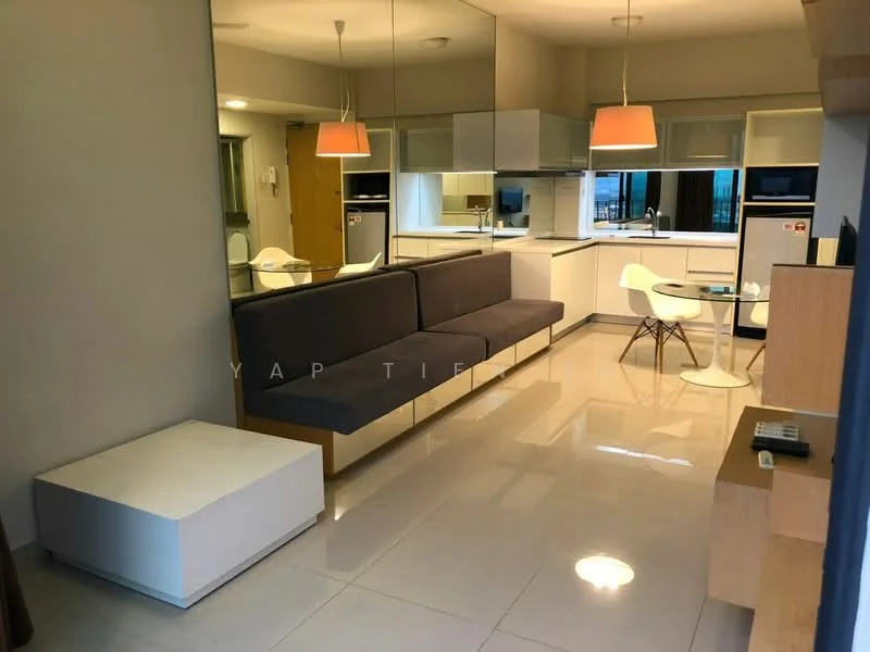 Living features: grey fabric sofa with built-in storage, white coffee table, pendant light fixture, mirrored wall, tile flooring, floor-to-ceiling windows, open-plan layout, kitchen island with seating, white dining chairs, kitchen cabinetry with glossy finish, stainless-steel appliances, recessed lighting; style: modern; view: city.