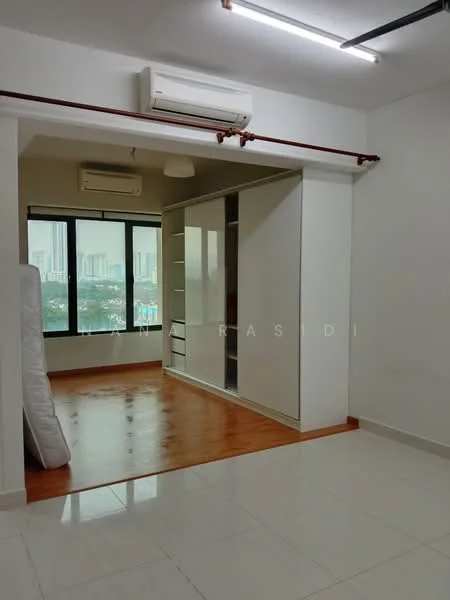 Room features: white painted walls, laminate flooring, ceiling-mounted air conditioning unit, floor-to-ceiling windows, blackout curtains, built-in wardrobe, light fixture, view of city skyline; style: modern; view: city.