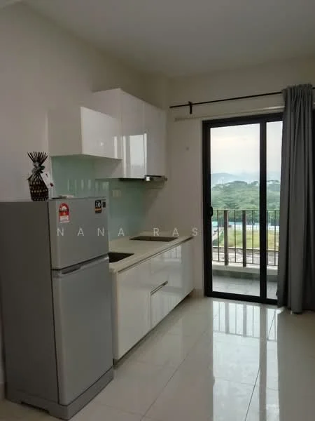 Kitchen features: white cabinetry with flat-panel doors, light green glass backsplash, white countertop, single-bowl stainless-steel sink, chrome pull-down faucet, built-in oven, freestanding fridge, floor-to-ceiling window, curtain treatment, tile flooring, recessed downlights; style: modern; view: garden.