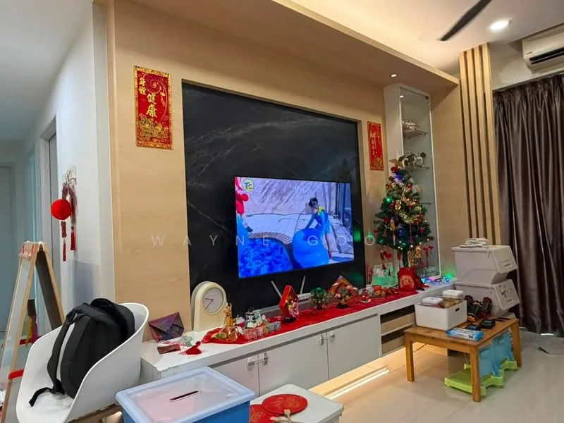 Living features: wall-mounted TV, light wooden feature wall, white console cabinet, decorative items on console, Christmas tree, red and gold wall decorations, recessed lighting, marble tile flooring, air conditioning unit, decorative wall art; style: modern.