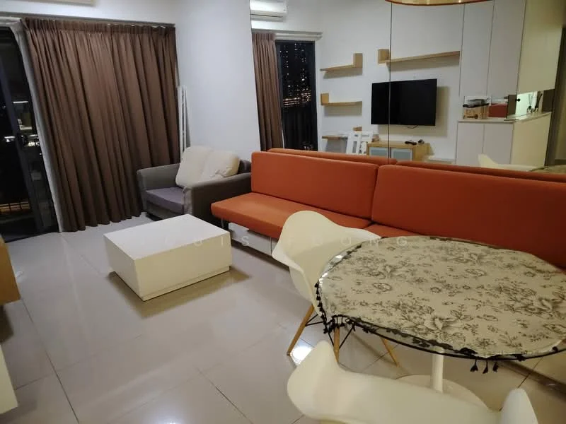 Living features: orange sectional sofa, grey fabric armchair, white coffee table, round dining table with floral tablecloth, white dining chairs, wall-mounted TV, curtains in brown, recessed lighting, tile flooring, open layout, decorative wall art; style: modern; view: city.