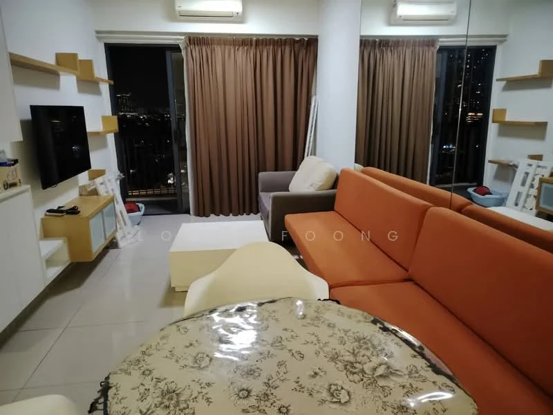 Living features: orange fabric sofa, grey fabric sofa, white TV console, wall-mounted TV, glass coffee table, curtains in brown, recessed ceiling lights, floor-to-ceiling windows, decorative wall shelves, ceramic tile flooring, mirrored wall, city view; style: modern; view: city.