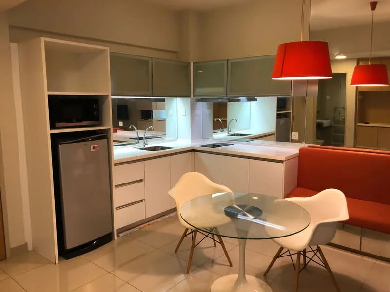 Kitchen features: white cabinetry, double-bowl stainless-steel sink, chrome pull-down faucet, white countertop, microwave, stainless-steel fridge, glass backsplash, recessed LED downlights, round glass dining table, 2 white dining chairs, orange accent seating, tile flooring; style: modern.