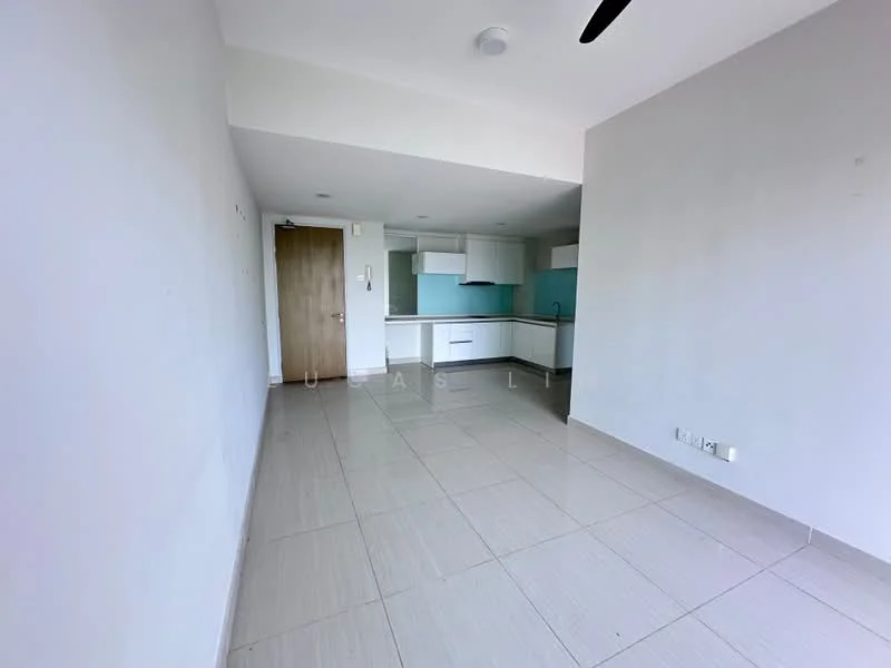 Living features: light grey painted walls, white ceiling, recessed downlights, sliding glass door, large window, ceramic tile flooring, open layout to kitchen, ceiling fan; style: modern. Kitchen features: white cabinetry, light blue backsplash, stainless-steel sink, built-in oven, freestanding range oven, refrigerator, countertop space, open layout to living area; style: modern.