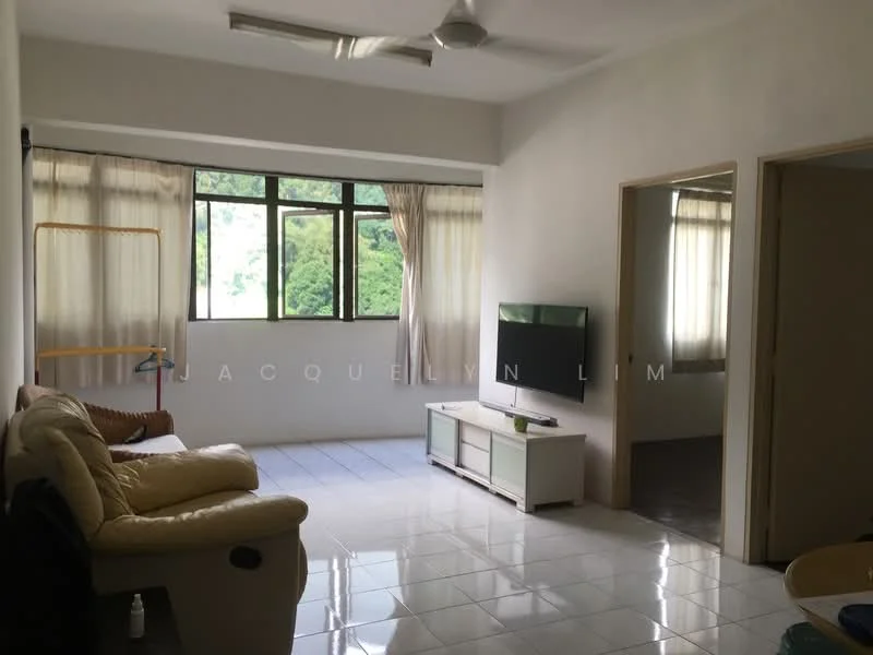 Living features: white painted walls, glossy ceramic tile flooring, 5-blade ceiling fan, floor-to-ceiling windows, sheer curtains, wall-mounted TV, light wood TV console, beige fabric 3-seater sofa, brown armchair, decorative wall art; style: modern; view: garden.