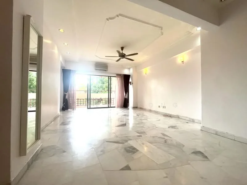 Living features: marble flooring, white painted walls, tray ceiling, 5-blade ceiling fan with light, floor-to-ceiling windows, sliding glass door, sheer curtains, recessed downlights, mirror, balcony access, natural light, open layout; style: modern; view: garden.
