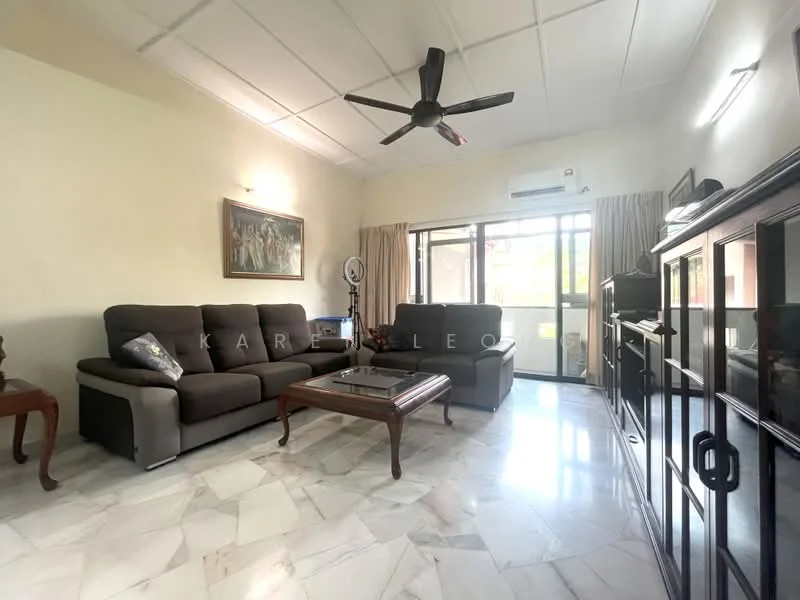 Living features: 3-seater fabric sofa in grey, 2-seater fabric sofa in grey, wooden coffee table, black wooden TV console, floor-to-ceiling windows, sliding glass door, marble flooring, ceiling fan with light, wall-mounted air conditioning unit, decorative artwork on wall, curtains, light-colored walls; style: contemporary.