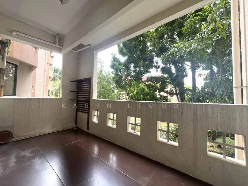 Room features: tiled flooring, white painted walls, large windows, wooden shelving unit, outdoor view of greenery, open space, natural light; view: garden.