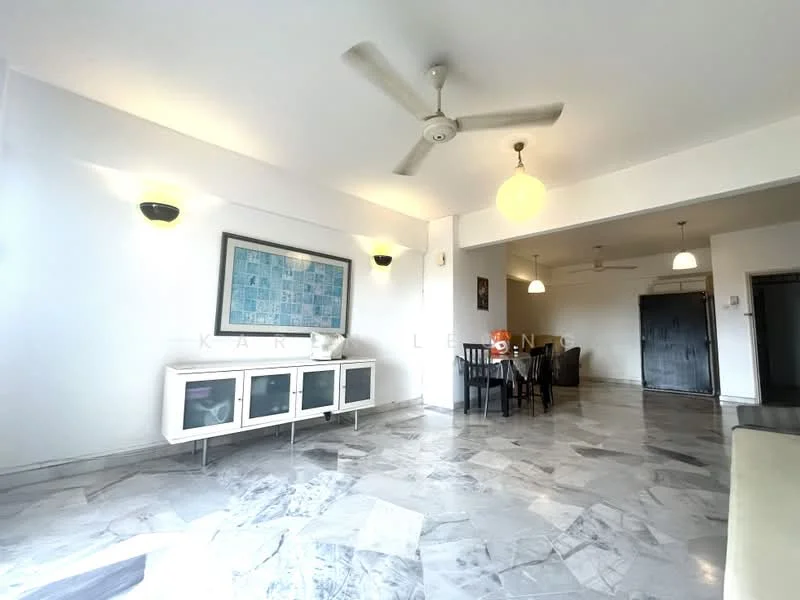 Living features: marble flooring, white painted walls, 5-blade ceiling fan, 2 wall-mounted light fixtures, pendant light, dining table with chairs, sideboard with glass doors, open layout; style: modern.