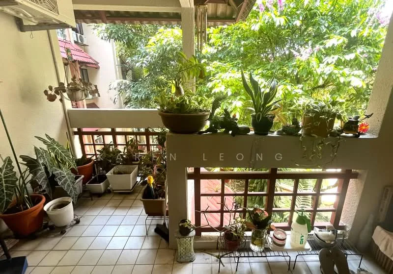 Balcony features: tiled flooring, wooden railing, potted plants, hanging plants, greenery view, outdoor seating area, decorative pots, sunlight exposure; view: garden.