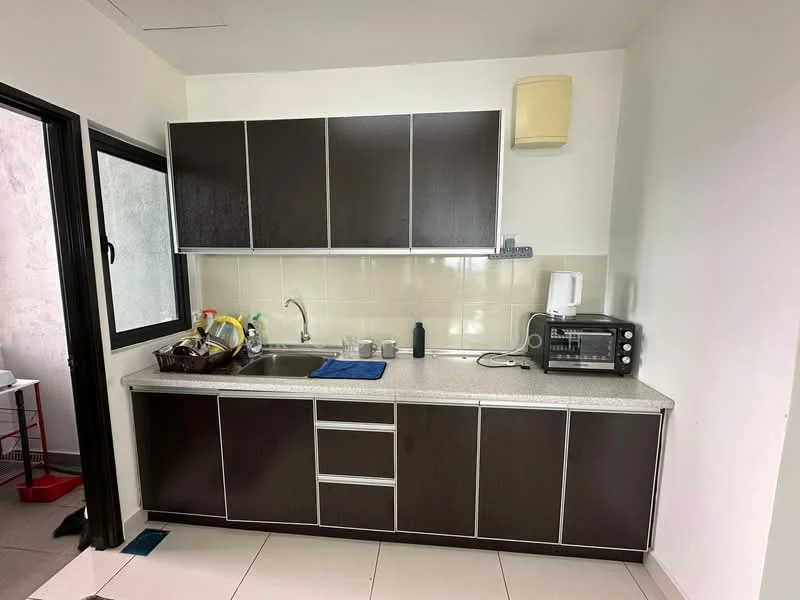 Kitchen features: dark wood cabinetry, white countertop, single-bowl stainless-steel sink, chrome pull-down faucet, built-in microwave, toaster, electric kettle, countertop toaster oven, ceramic tile flooring, wall-mounted light fixture, window with black frame, blue dish towel; style: modern.